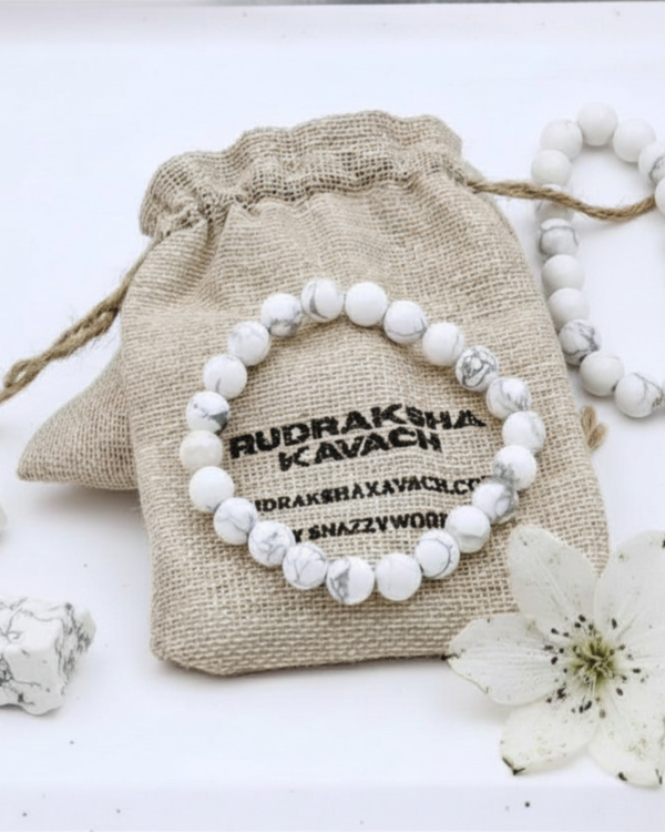 Home Howlite Bracelet Main With Jute Bag And Raw Howlite And White Flower