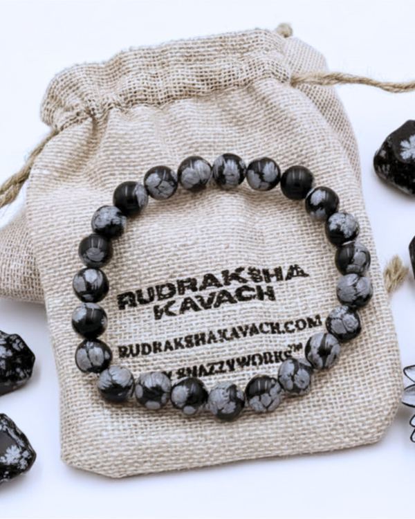 Home Snow Flake Obsidian Bracelet Main With Jute Bag And Raw Stones